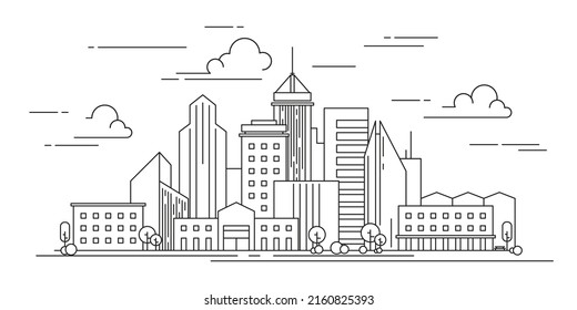 Cityscape in linear style. Urban city landscape with skyscrapers.