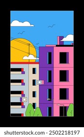 Stadtlandschaft mit einfachen Häusern im flachen Stil gesäumt. Trendy Vektorgrafik.