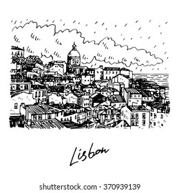 Cityscape of Lisbon, Portugal. View of Alfama, the oldest district of the city with the National Pantheon Dome. Vector freehand pencil sketch.