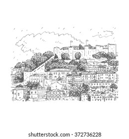 Cityscape of Lisbon, Portugal. View of Sao Jorge Castle at the top of the mountain. Vector freehand pencil sketch.
