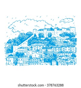 Cityscape of Lisbon, Portugal. View of Sao Jorge Castle at the top of the mountain. Vector hand drawn sketch.