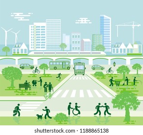 Cityscape with local traffic and pedestrians