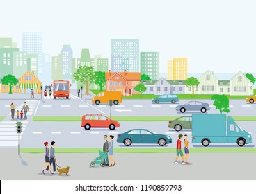 Cityscape with local traffic and pedestrians