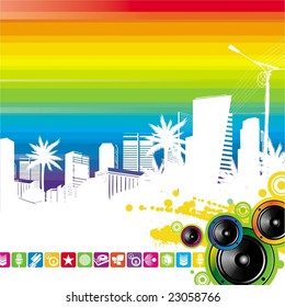 Cityscape and loudspeakers