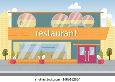 Cityscape with Luxury Restaurant. Two-Storied Building with Large Showcase on First Floor. Public Place for Snack and Rest. Vector Illustration