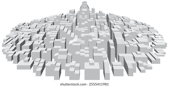 A cityscape made up of simple monochrome buildings