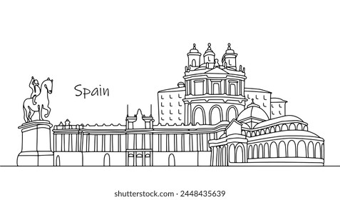 Paisaje urbano de Madrid. Edificios famosos en España. Ilustración en blanco y negro.