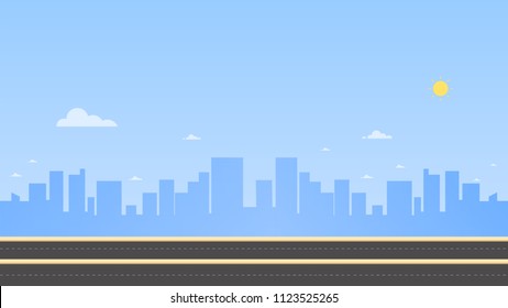 Stadtbild mit Hauptstraße und Himmelshintergrund, Vektorgrafik. Städtische Landschaft. Das Stadtbild des Tages ist flach.