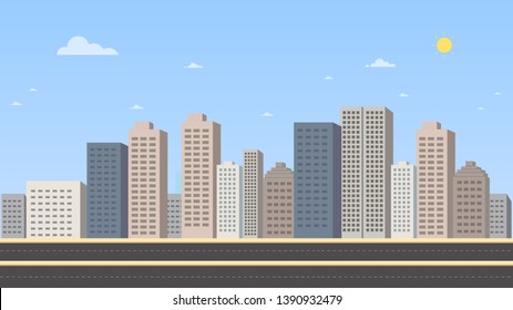 Cityscape with main street and sky background vector illustration.Buildings landscape. Daytime cityscape in flat style.Modern city scene design