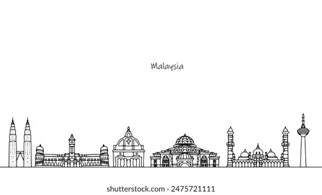 Paisaje urbano de Malasia. Lugares de interés del país asiático. Edificios y arquitectura dibujados a mano. Ilustración vectorial.