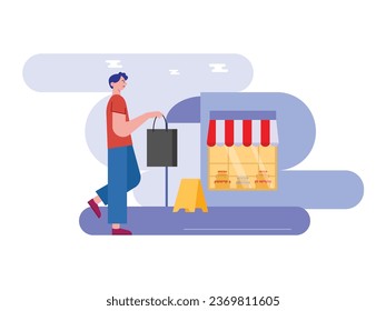 Cityscape, hombre caminando mientras lleva una bolsa de compras delante de una panadería en promoción. Diseño de caracteres. Ilustración plana del vector