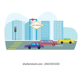 Cityscape with many buildings and cars in las vegas. Character design. Vector flat illustration