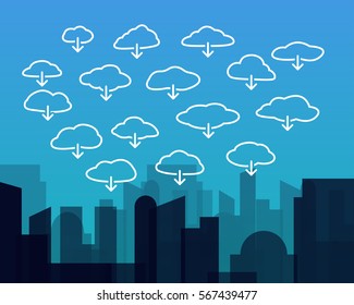 Cityscape with many download cloud on blue sky