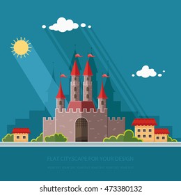 Cityscape. Medieval castle in Western Europe, on the background of the city. Vector flat illustrations
