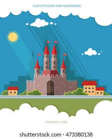 Cityscape. Medieval castle in Western Europe, on the background of the city. Vector flat illustrations