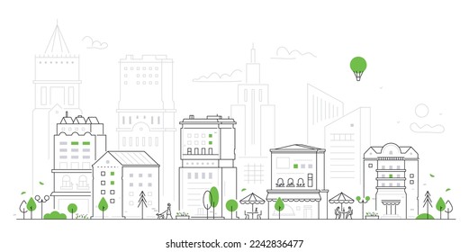 Cityscape with modern architecture - thin line design style vector illustration on white urban background. Composition with facade of city buildings and people walking down the street. Daily life