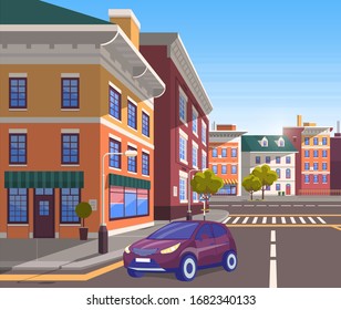 Cityscape of modern city center. Car driving along street of town with infrastructure and developed architecture. Vehicle on road turning on corner, traveling by auto. Vector in isometric 3D style
