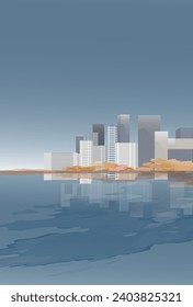 Cityscape. Modern city at the coast. Vector design. Vertical banner. Abstract minimal background. Watercolor textured vector art. 