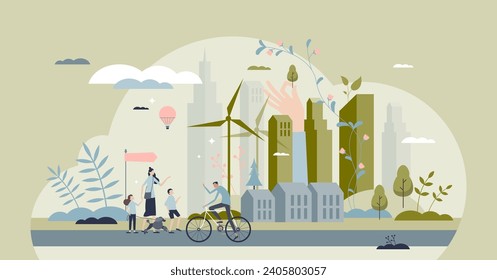 Stadtlandschaft mit moderner Stadt und grünen Wohnhäusern beherbergt winzige Personengruppen Konzept. Städtische Szene mit Wolkenkratzern und nachhaltiger Energienutzung für Familien- und Naturfreundliche Lifestyle-Vektorgrafik.