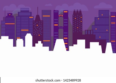 Cityscape. Modern City Skyline. Urban landscape. Night time cityscape in flat style. Vector Banner