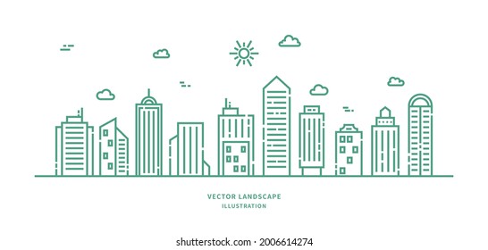 Paisaje urbano. Vector de paisaje de línea plana moderna. Ilustración de arte de la línea del paisaje urbano con edificio, torre, rascacielos. Ilustración vectorial.