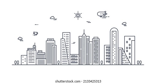 Paisaje urbano. Vector de paisaje de línea plana moderna. Ilustración de arte de la línea del paisaje urbano con edificios, torres, rascacielos. Ilustración vectorial.