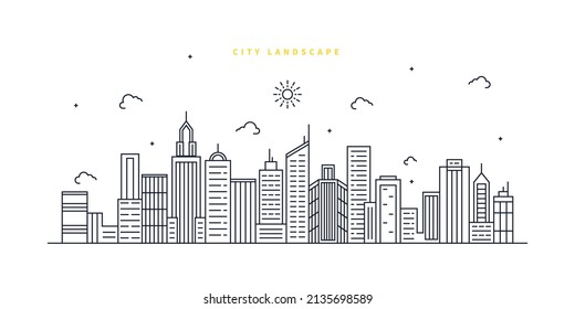 Cityscape. Modern flat line landscape vector. City landscape line art illustration with building, tower, skyscrapers. Vector illustration.