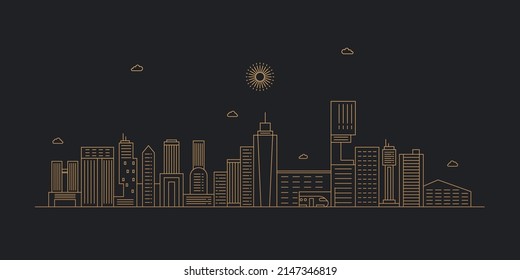 Paisaje urbano. Vector de paisaje de línea plana moderna. Ilustración de arte de la línea del paisaje urbano con edificios, torres, rascacielos. Ilustración vectorial.