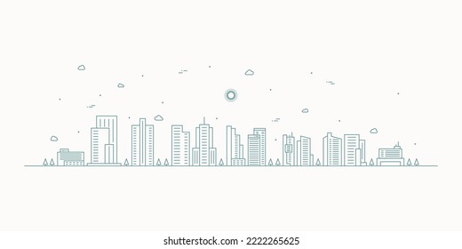 Cityscape. Modern flat line landscape vector. City landscape line art illustration with building, tower, skyscrapers. Vector illustration.