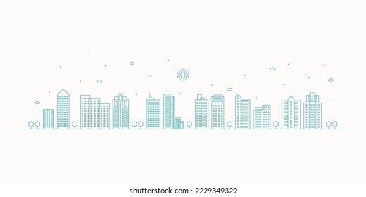 Cityscape. Modern flat line landscape vector. City landscape line art illustration with building, tower, skyscrapers. Vector illustration.