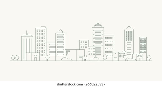 Paisaje urbano. Moderno Vector de línea plana. Ilustración de arte de línea de paisaje de ciudad con edificio, torre, rascacielos. Ilustración vectorial.