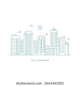 Cityscape. Modern flat line landscape vector. City landscape line art illustration with building, tower, skyscrapers. Vector illustration.