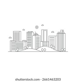 Paisagem urbana. Moderno vetor de paisagem de linha plana. Ilustração da arte da linha da paisagem da cidade com edifício, torre, arranha-céus. Ilustração vetorial.