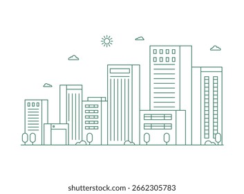 Paisaje urbano. Moderno Vector de línea plana. Ilustración de arte de línea de paisaje de ciudad con edificio, torre, rascacielos. Ilustración vectorial.