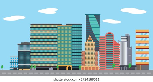 Paisagem urbana. Moderno vetor de paisagem de linha plana. Ilustração da arte da linha da paisagem da cidade com edifício, torre, arranha-céus. Ilustração vetorial em fundo transparente. EPS 10.