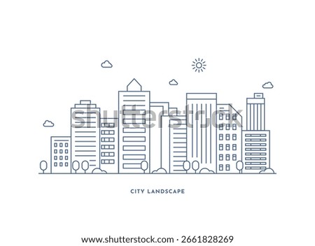 Cityscape. Modern flat line landscape vector. City landscape line art illustration with building, tower, skyscrapers. Vector illustration.