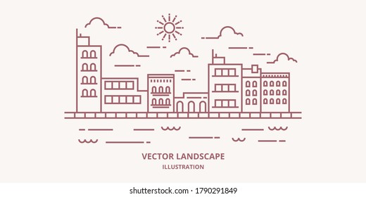 Cityscape in modern flat line vector. Thin line city landscape with building, clouds, sun, river. Vector illustration. 