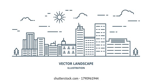 Cityscape in modern flat line vector. Thin line city landscape with building, clouds, sun, tree. Vector illustration. 