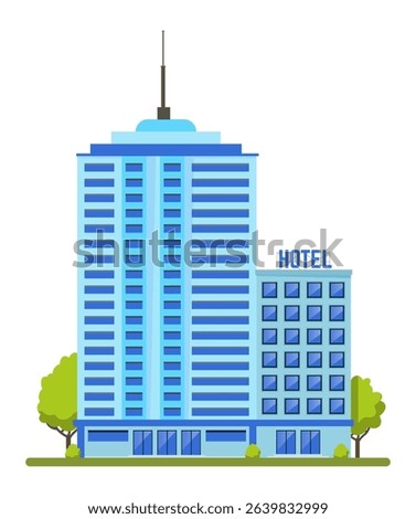 Cityscape with modern hotel building featuring an antenna on the roof, providing comfortable accommodation and hospitality services to travelers and guests