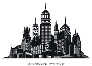 Cityscape modern megapolis skyscraper downtown perspective black silhouette isometric vector illustration. Night city midtown skyline office business apartment urban tower building architecture