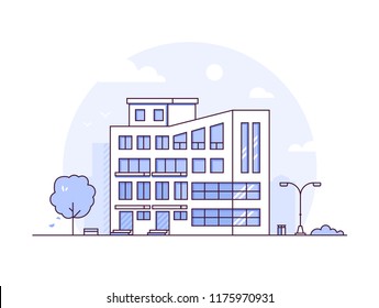 Cityscape - modern thin line design style vector illustration on white background. Purple colored high quality composition with apartment house, lantern, bench, tree, bin. Urban architecture concept