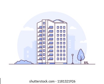 Cityscape - modern thin line design style vector illustration on white background. Purple colored high quality composition with a skyscraper, lantern, bench, tree, bush. Urban architecture concept