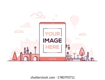 Cityscape - moderno diseño de línea delgada ilustración vectorial sobre fondo blanco. Composición de color rojo con una linterna, puente, árboles, fuente. Un smartphone con un lugar para tu imagen en la pantalla