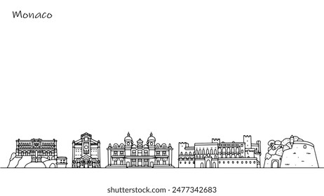 Cityscape of Monaco streets. Sights of the Principality of Monaco. Black and white illustration on a tourist theme. Isolated vector.