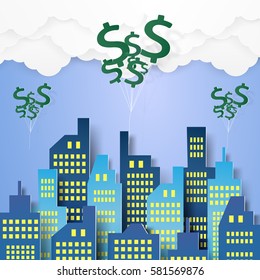 Cityscape with money balloons , paper art style