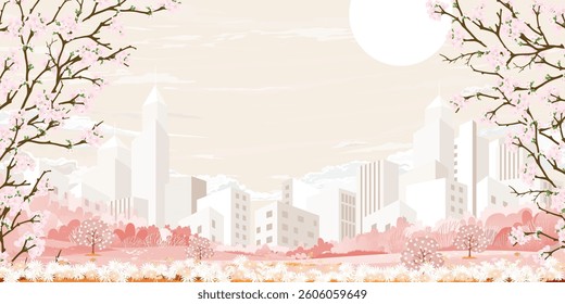 Cityscape monochrome pink urban with cloud,yellow sky,cherry blossom border frame.Modern architectural landscape,Vector flat art in light brown Central city buildings with tree for Spring,Summer 