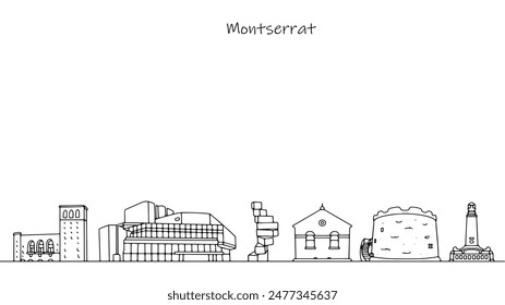 Paisaje urbano de Montserrat. Lugares de interés del estado insular. Ilustración simple en blanco y negro para diferentes usos. Vector.