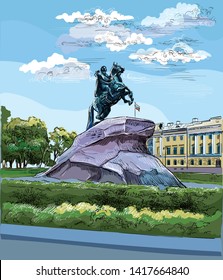 Stadtlandschaft des Monuments des russischen Kaisers Peter der Große auf dem Senatsplatz, Sankt Petersburg, Russland. Blick auf das Bronzeshorsmandenkmal und Senat. Farbige Vektorgrafik mit Handzeichnung.