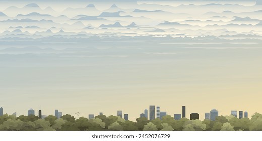 Cityscape in the morning vector illustration have blank space. Cloudscape and buildings silhouette against the sky in Autumn flat design.