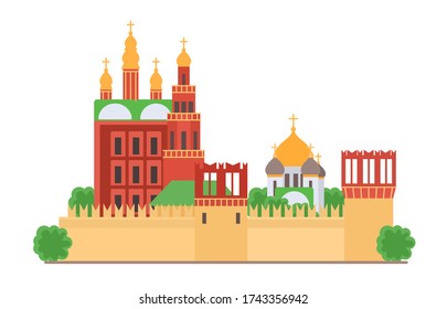 Cityscape of Moscow vector illustration. Moscow Kremlin, architecture historical famous beautiful building. Element for city design concept. Moscow building for tourists gift card, web design, leaflet